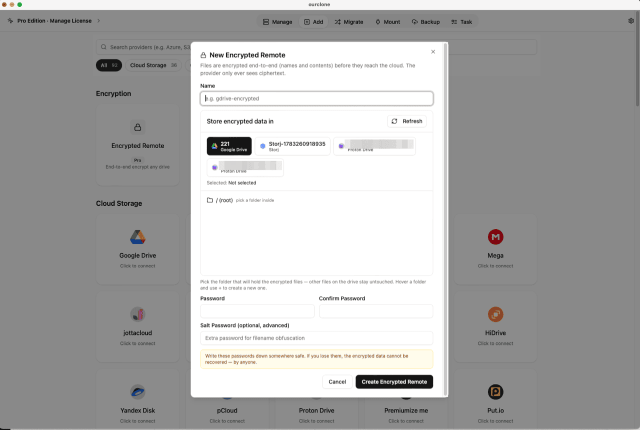 OurClone New Encrypted Remote dialog with name, base remote picker, folder selector, password fields and optional salt password
