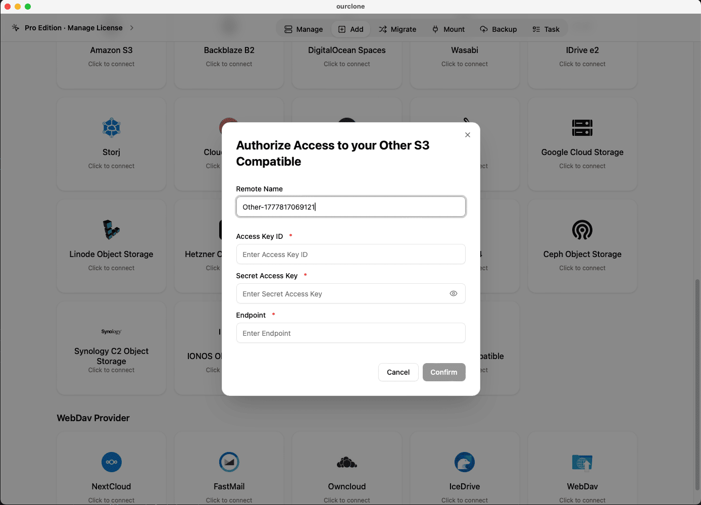 Add an Other S3 Compatible service to OurClone with endpoint and access keys