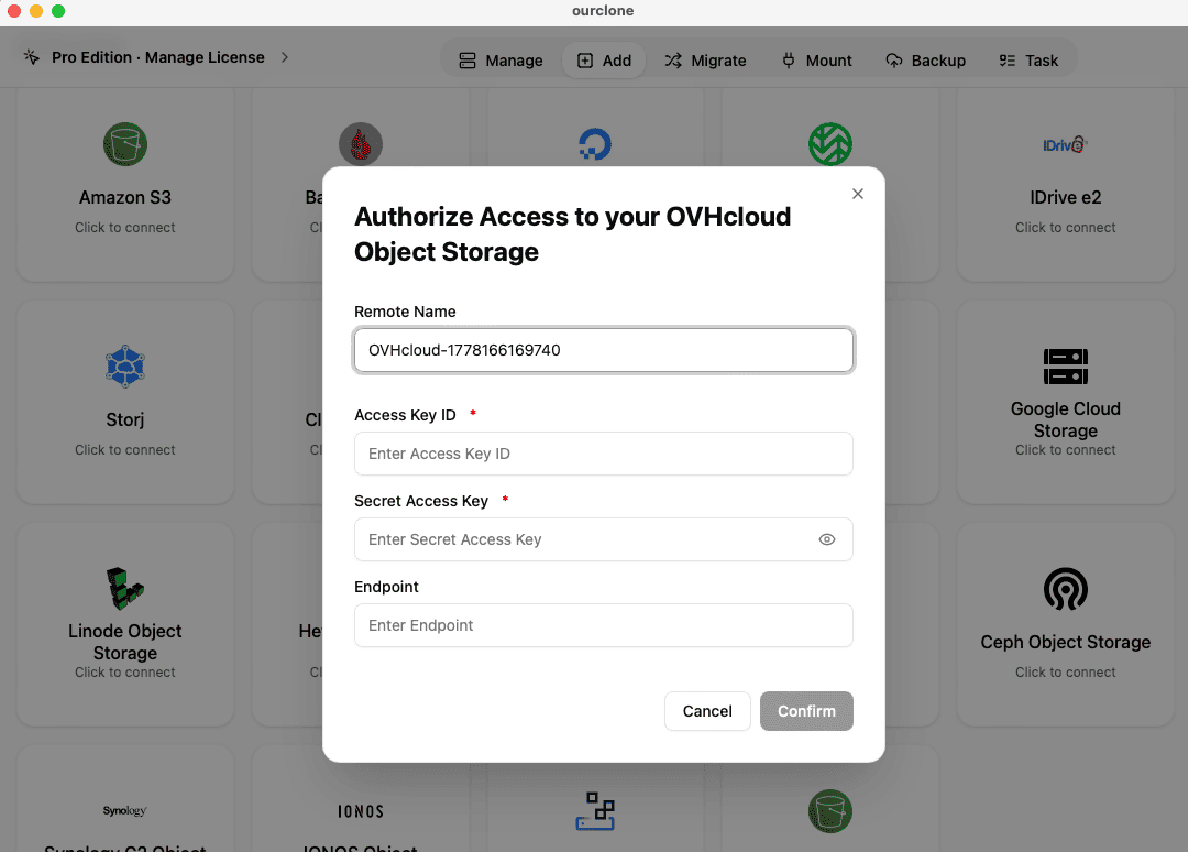 Add OVHcloud Object Storage to OurClone with S3 access keys and regional endpoint