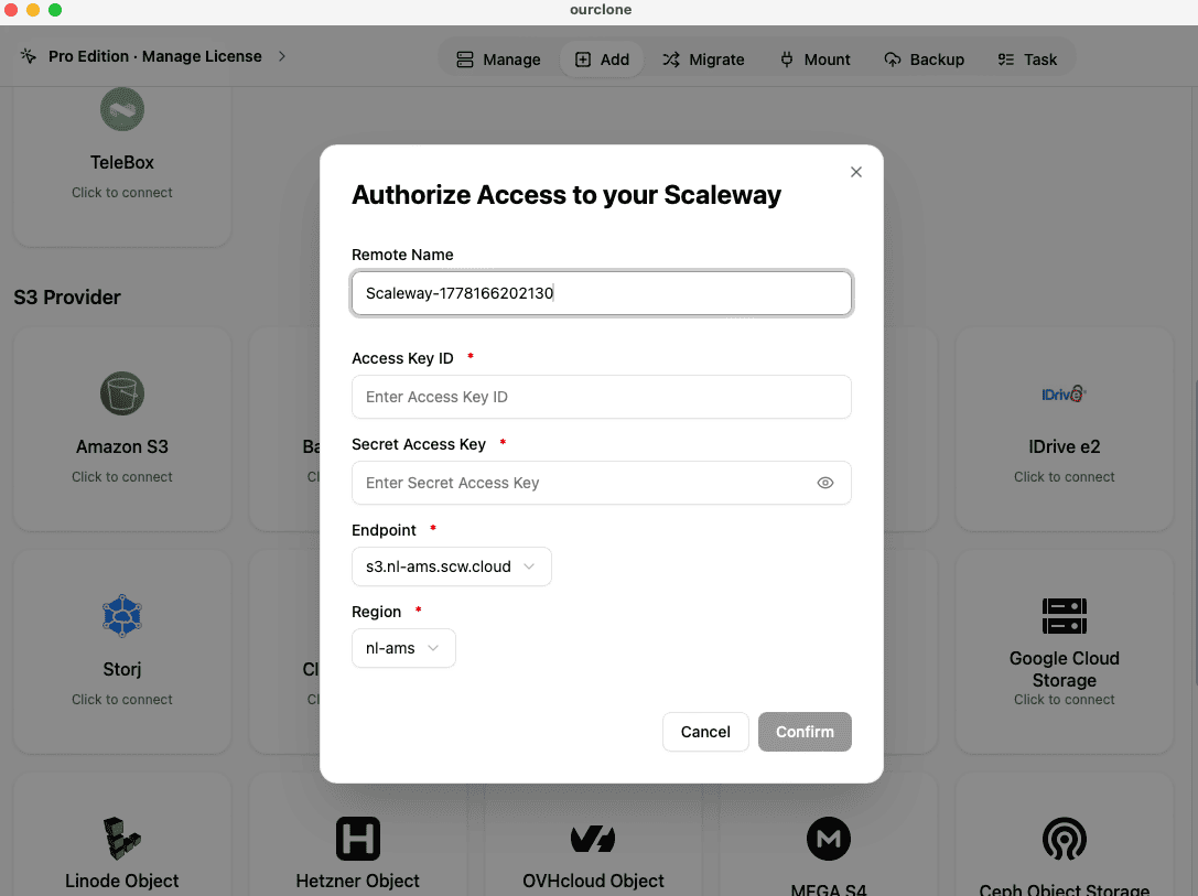 Add Scaleway Object Storage to OurClone with keys, region, and endpoint