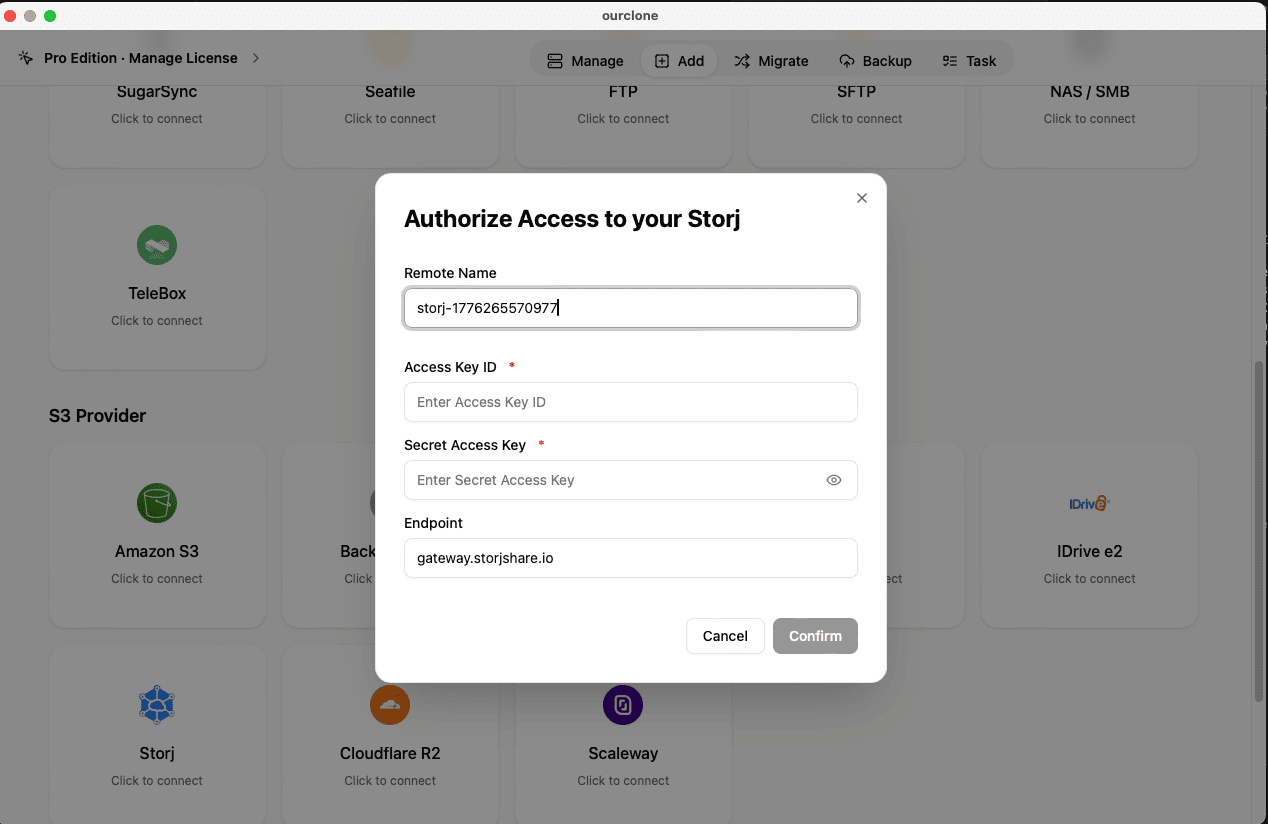 Add Storj to OurClone