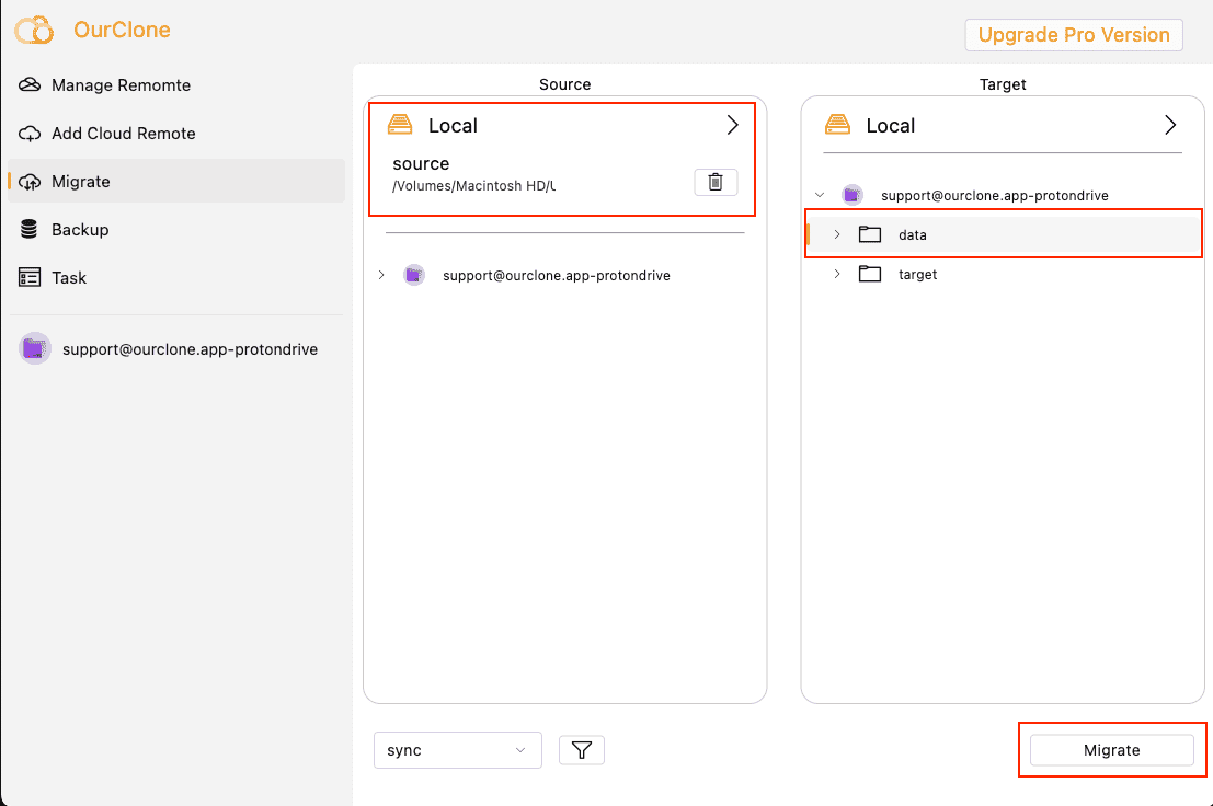 Select source and destination in OurClone