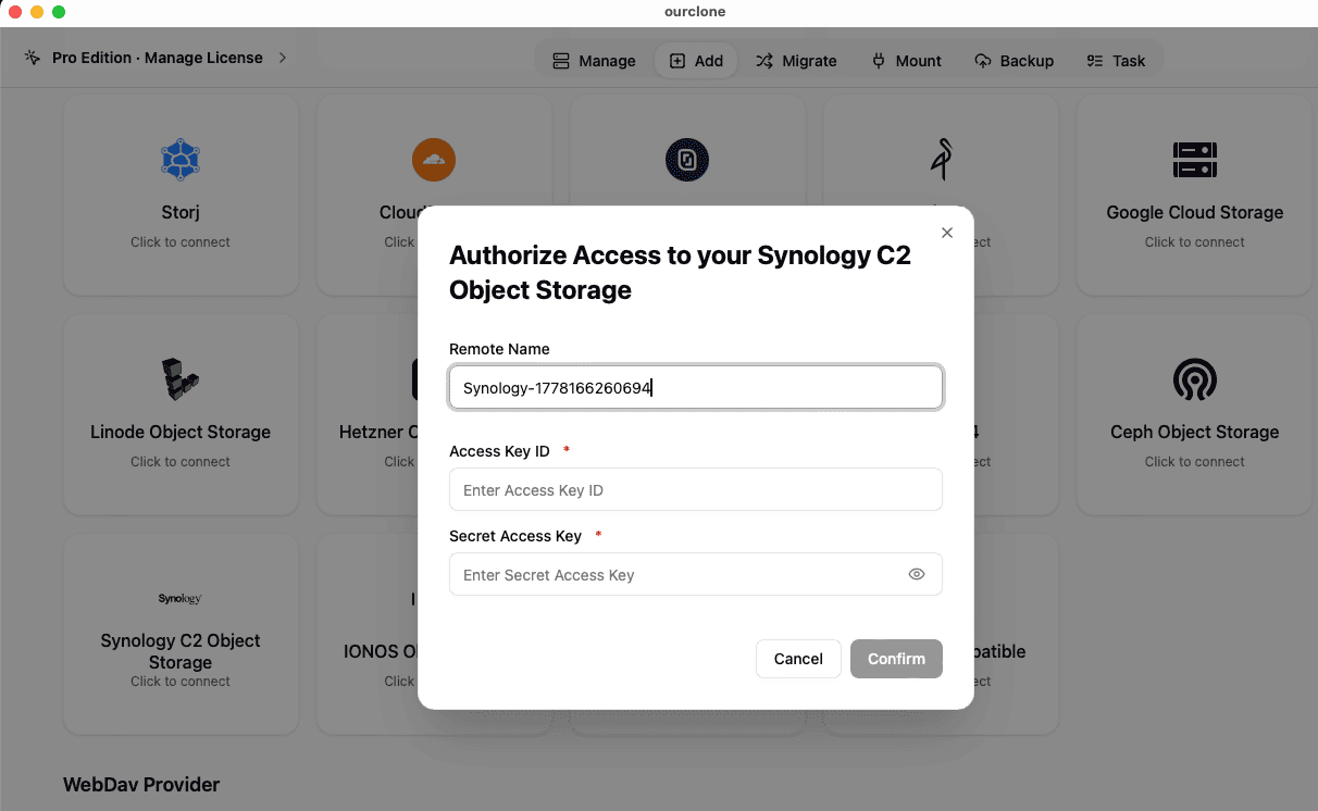 Add Synology C2 Object Storage to OurClone with access keys