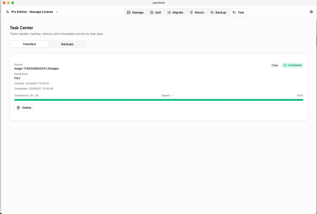 OurClone Task Center showing transfer tasks with progress