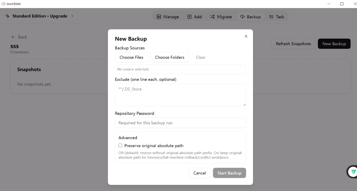 Selecting Windows folders for OneDrive backup in OurClone