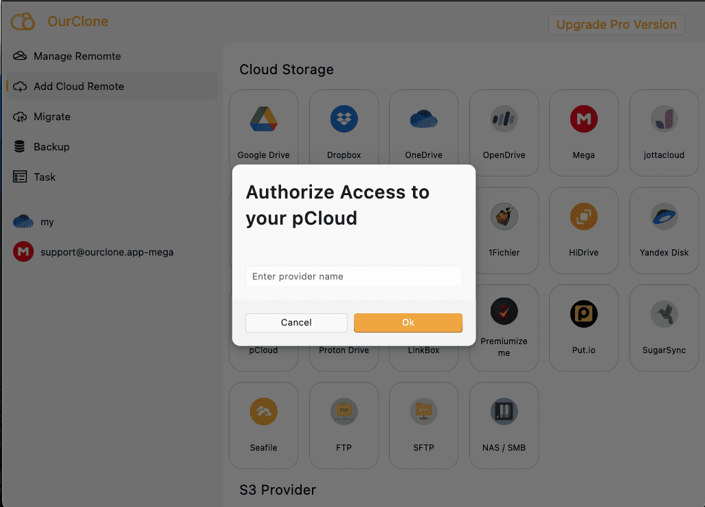 Connect pCloud in OurClone