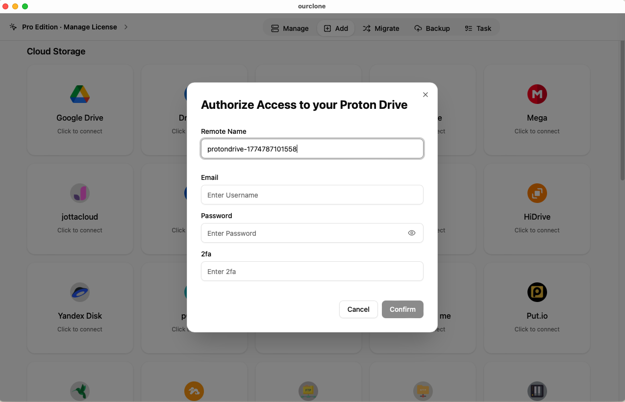 Log into Proton Drive with email, password, and 2FA in OurClone