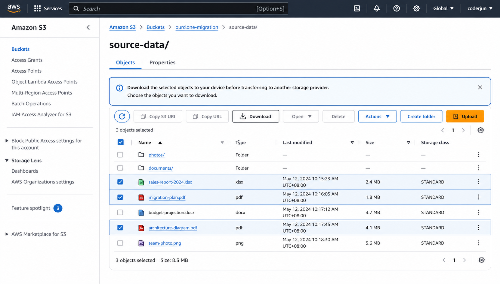 Download objects from Amazon S3 console