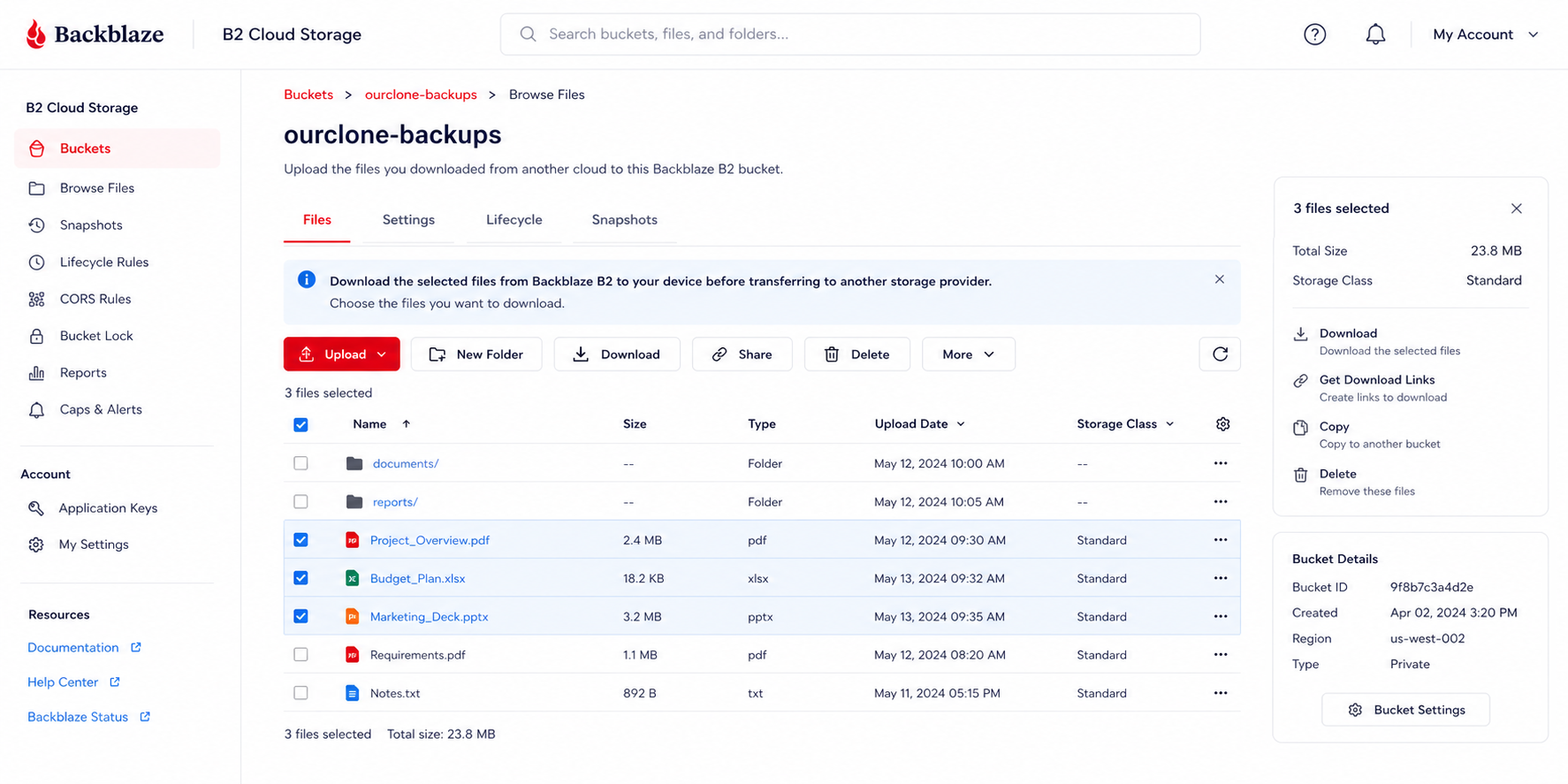 Download files from Backblaze B2 web interface