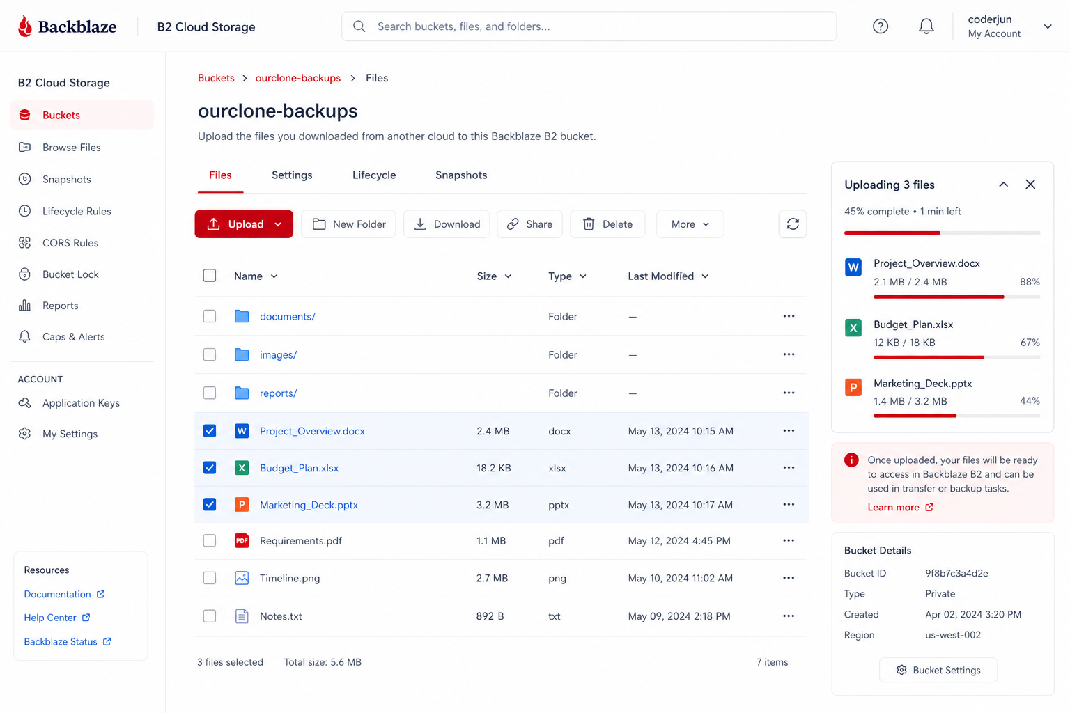 Upload files to Backblaze B2 web interface