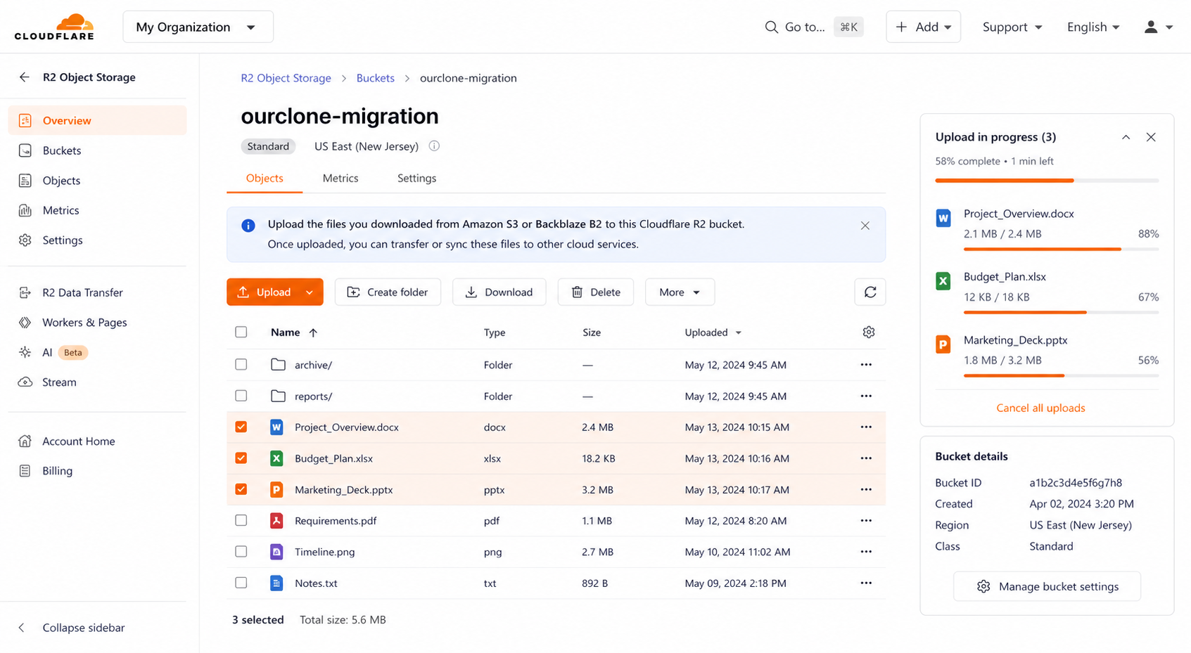 Upload files to Cloudflare R2 dashboard