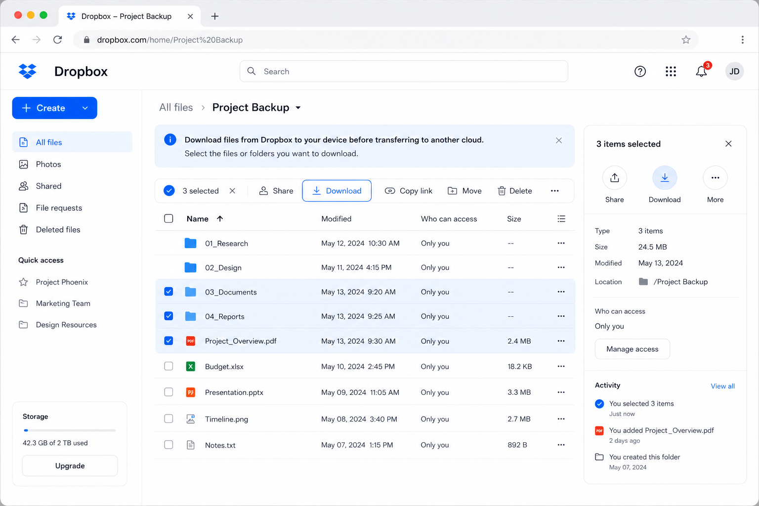Download files from Dropbox web interface