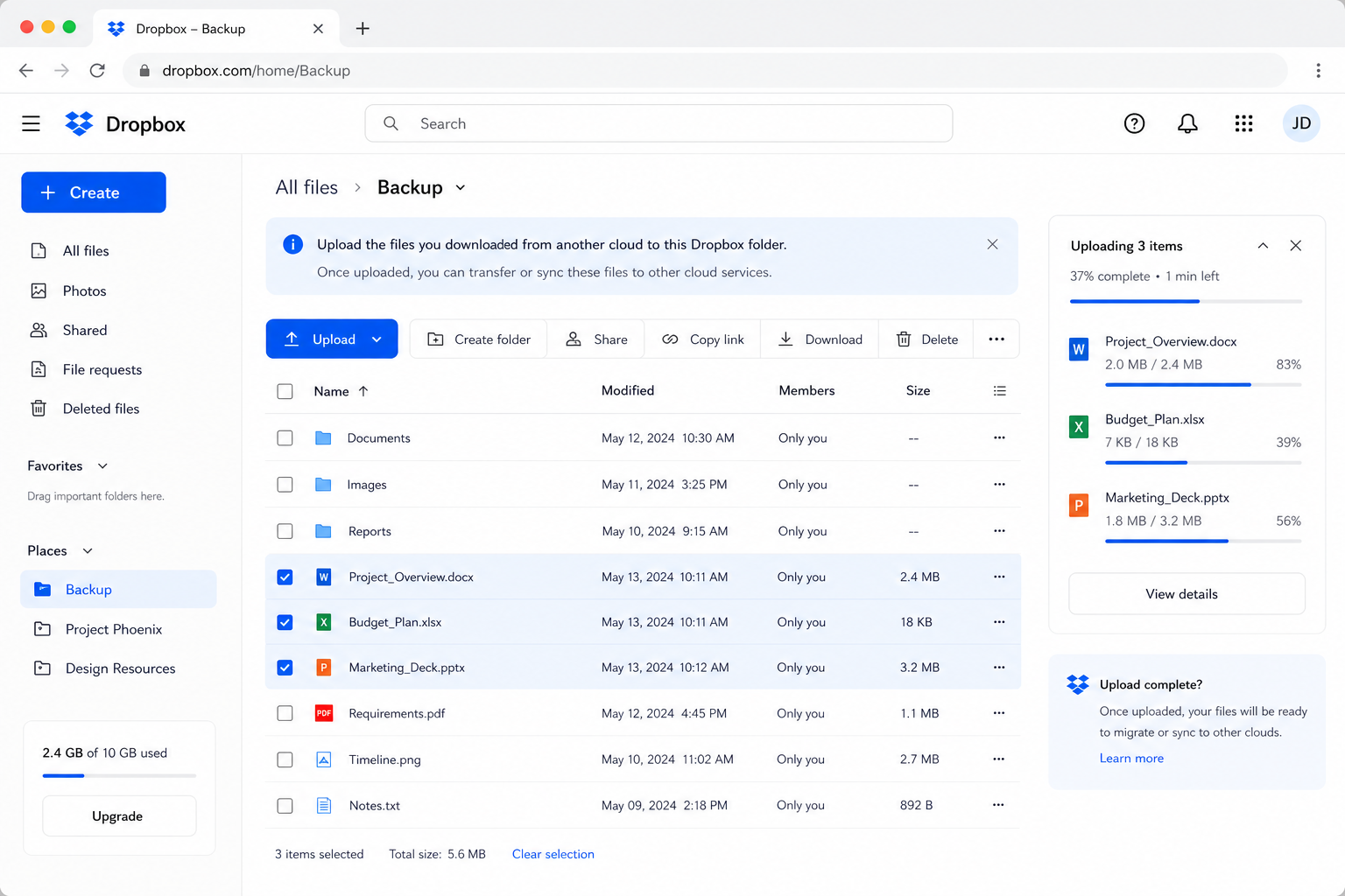 Upload files to Dropbox web interface