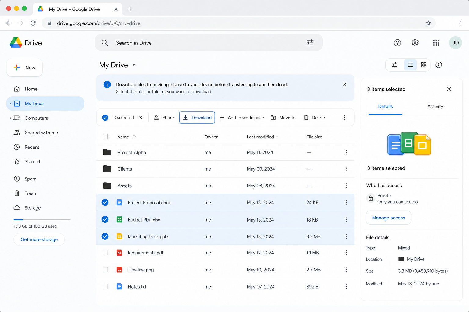 Download files from Google Drive web interface