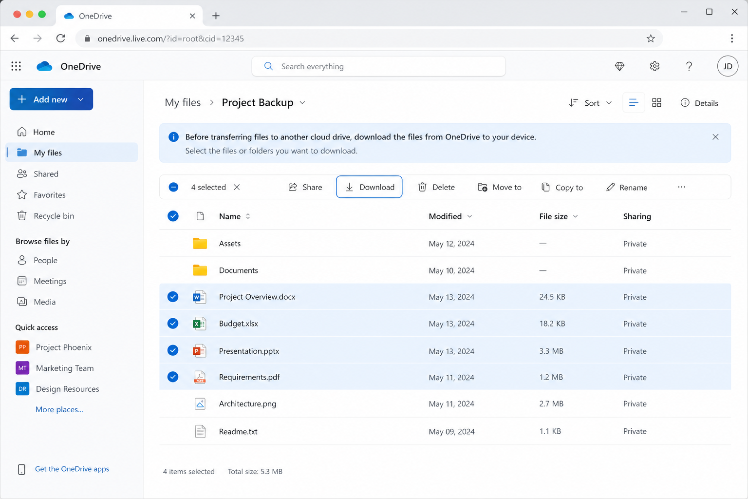 Download files from OneDrive web interface
