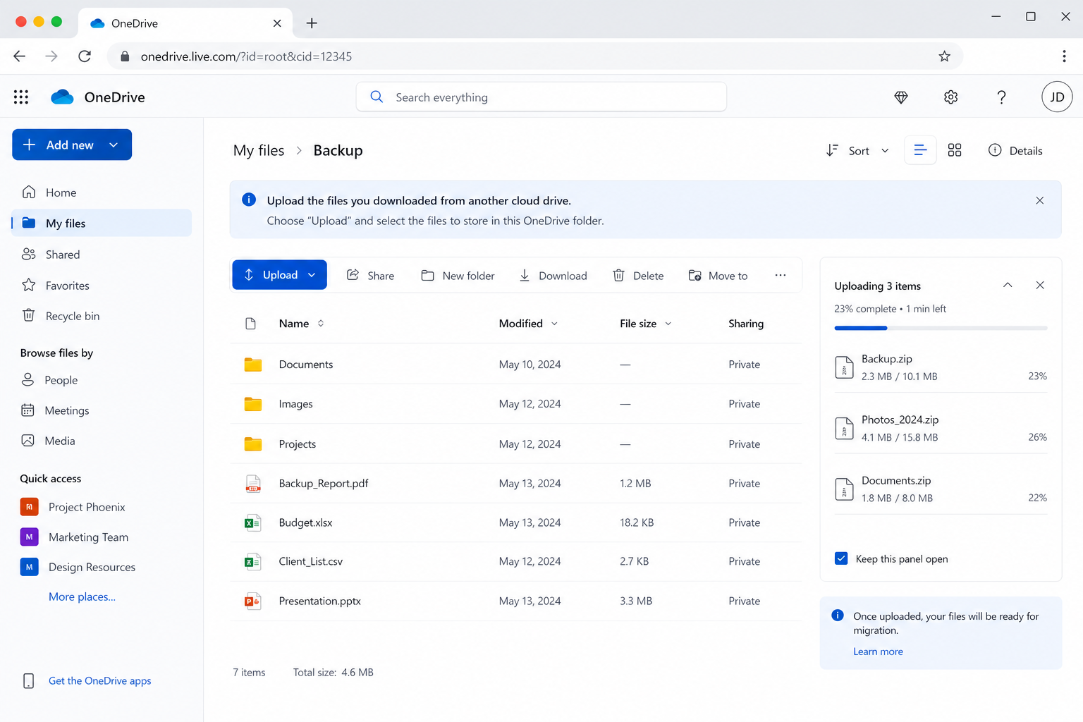 Upload files to OneDrive web interface