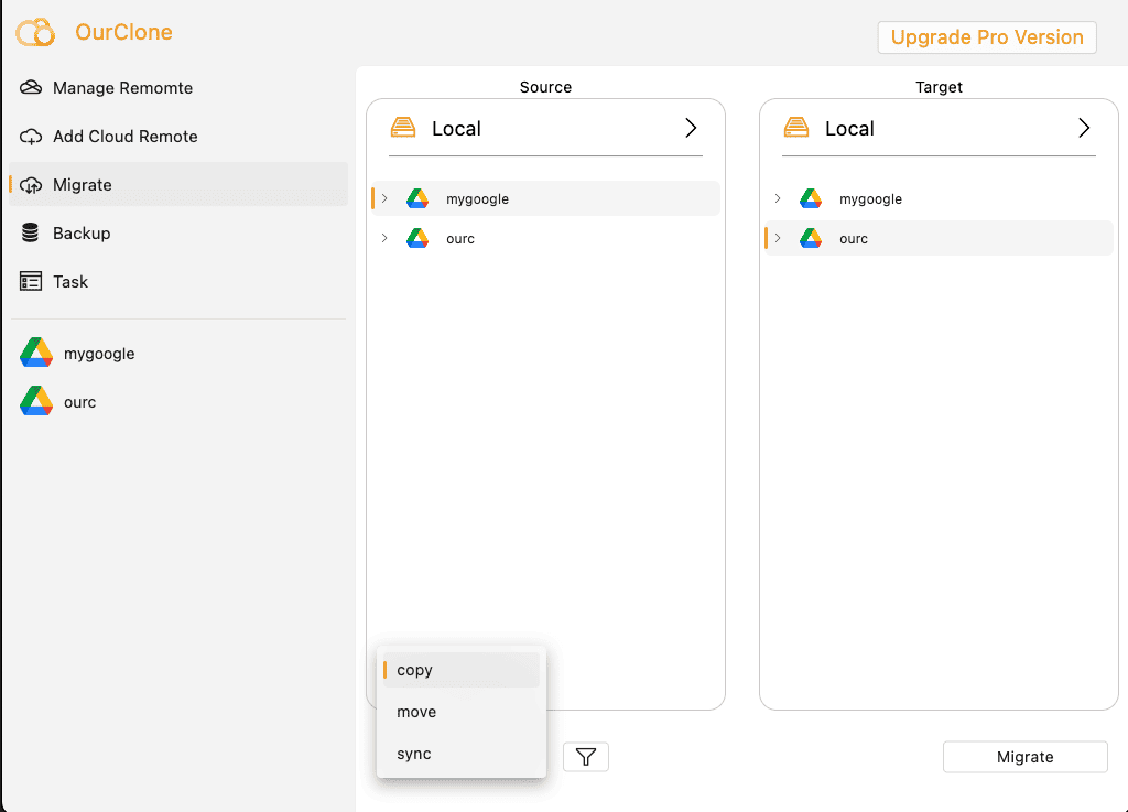 Select files to migrate in OurClone