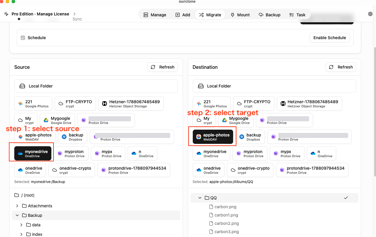 OurClone Migrate page with a cloud storage selected as the source and an album under Albums in Photos on This Mac selected as the destination