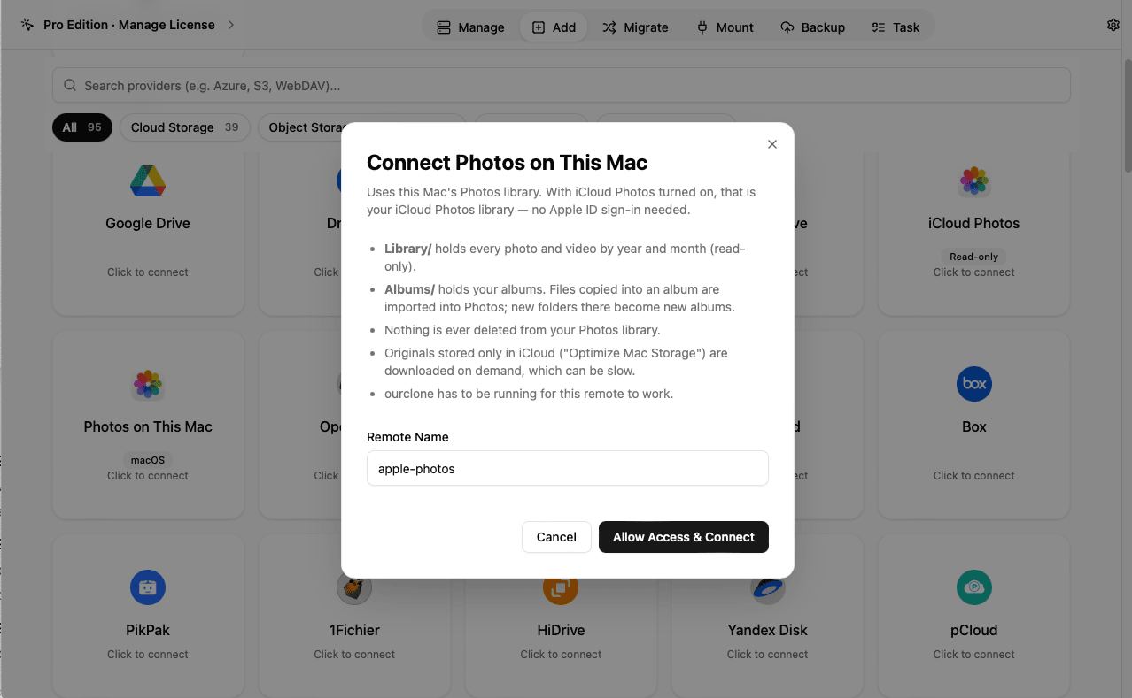 The Connect Photos on This Mac dialog in OurClone with the Allow Access and Connect button