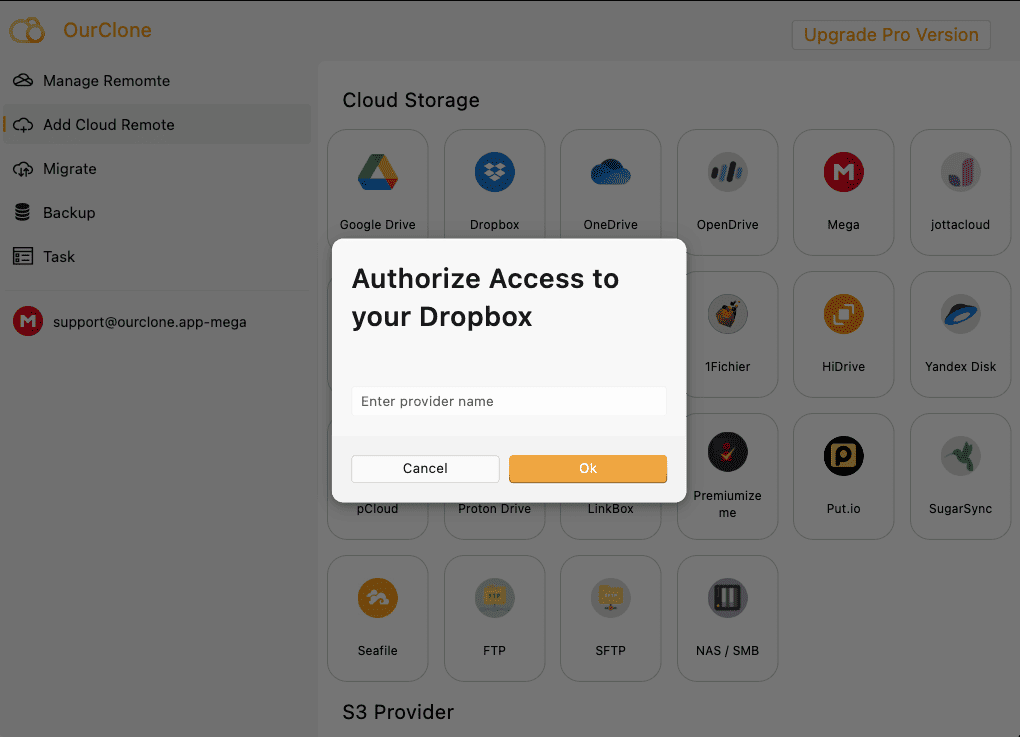 Authorize Dropbox in OurClone