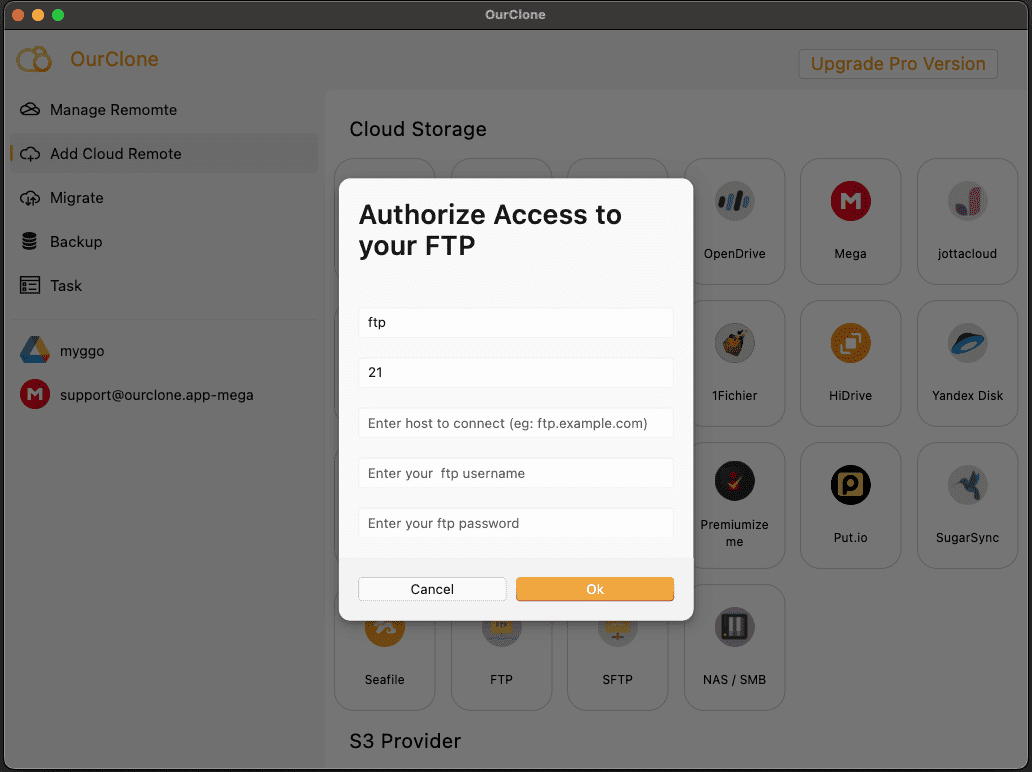 Authorize Ftp in OurClone