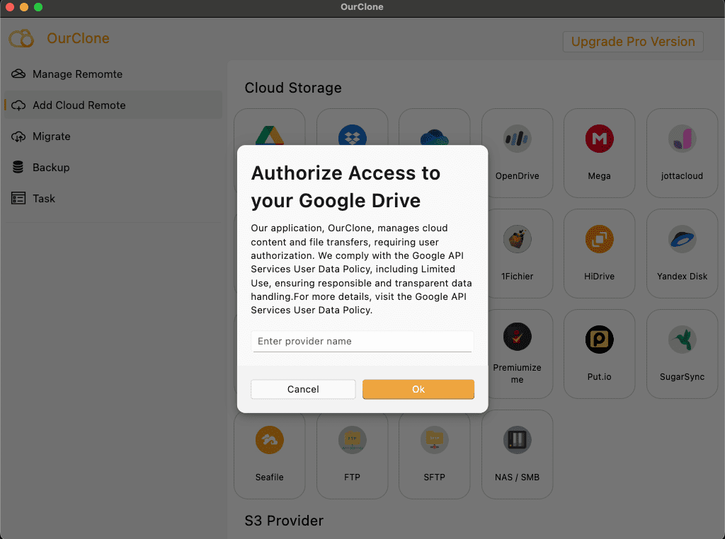 Authorize Google Drive in OurClone
