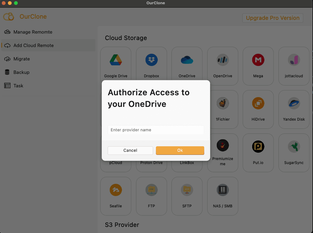 Authorize OneDrive in OurClone