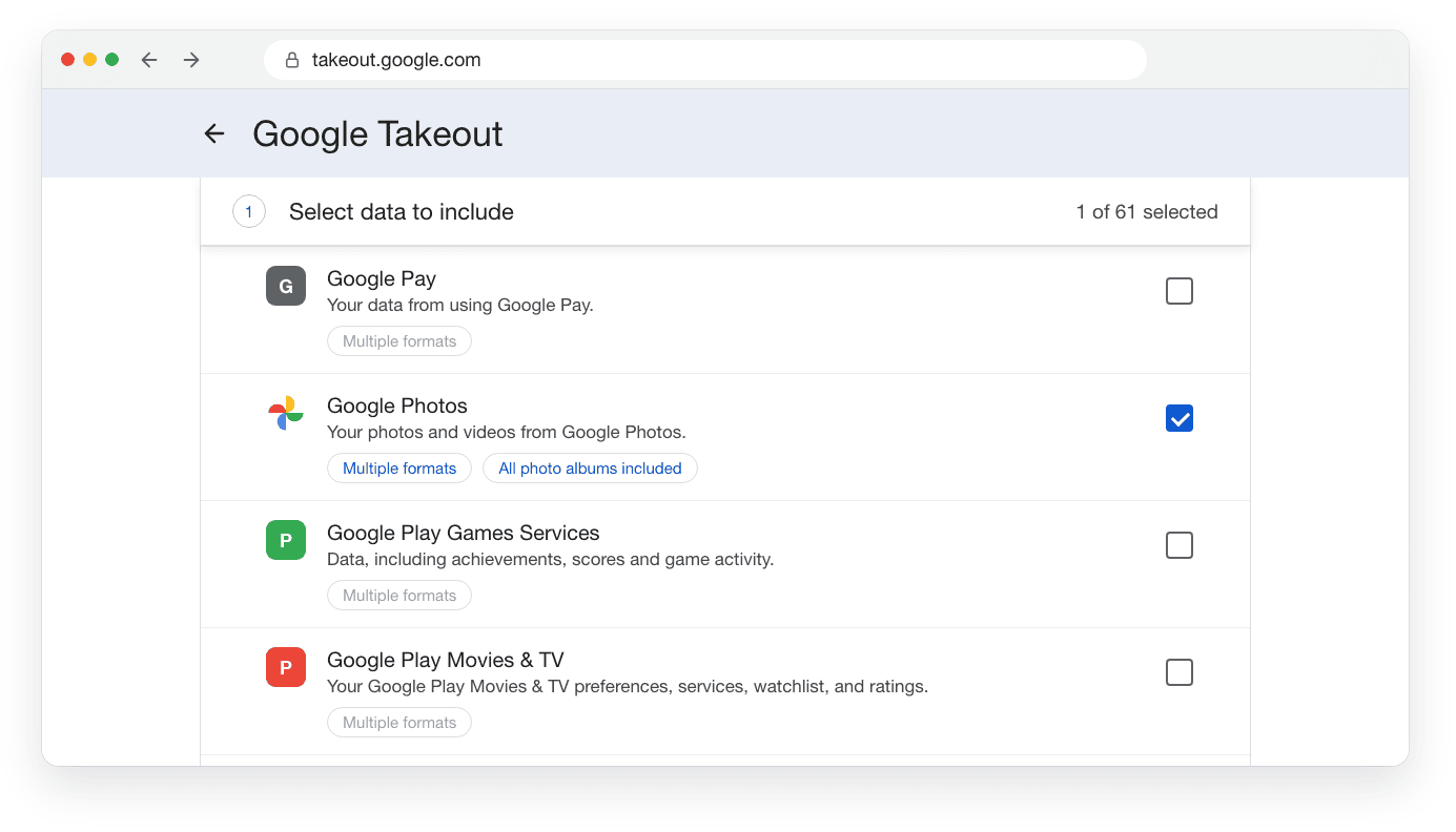 Google Takeout with only Google Photos selected and all photo albums included