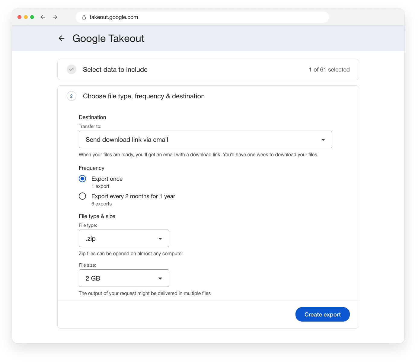 Google Takeout export settings with Export once and the .zip file type selected