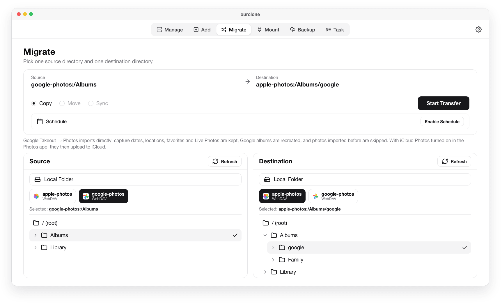 OurClone Migrate page with the Google Takeout remote as source, a Photos album as destination, Copy selected and the Start Transfer button