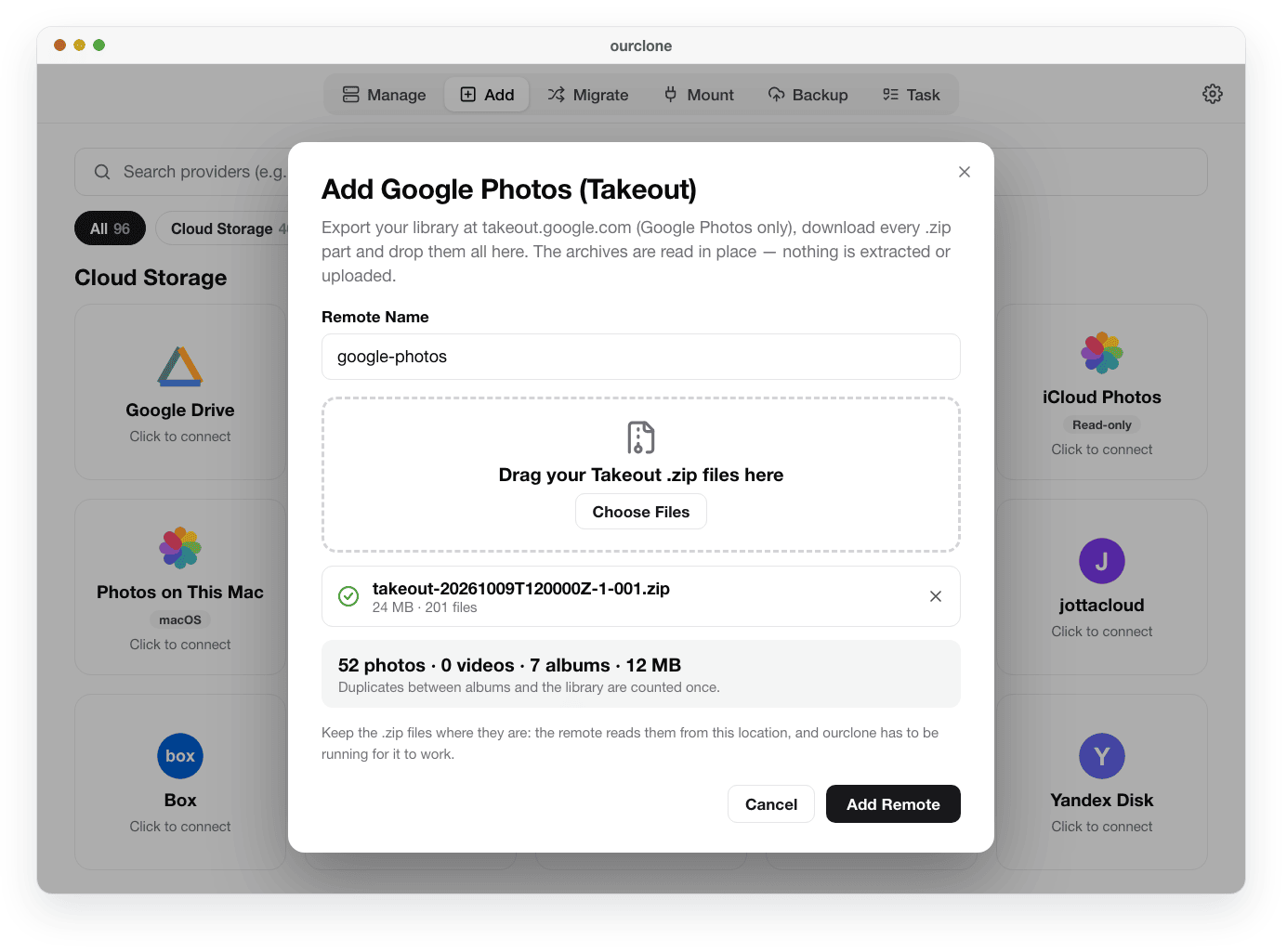 The Add Google Photos (Takeout) dialog in OurClone after a Takeout .zip was checked: 52 photos, 7 albums