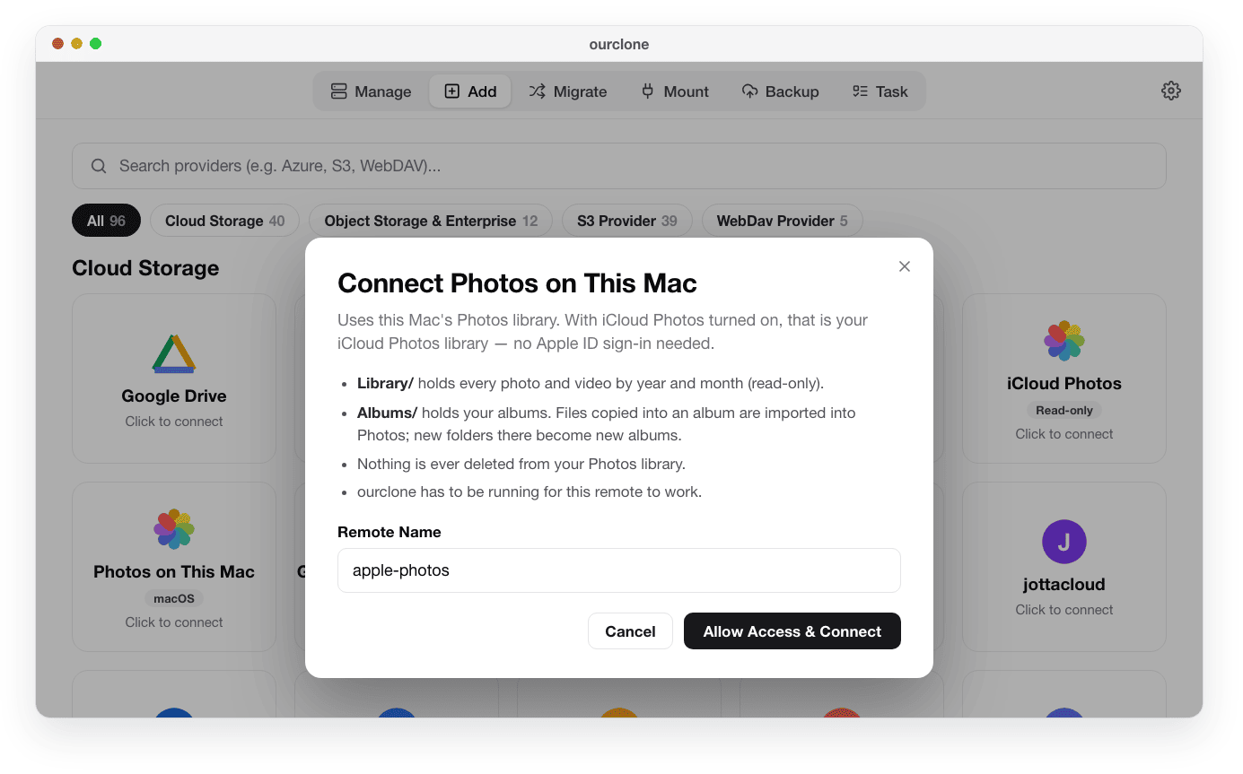 The Connect Photos on This Mac dialog in OurClone, next to the Google Photos (Takeout) storage