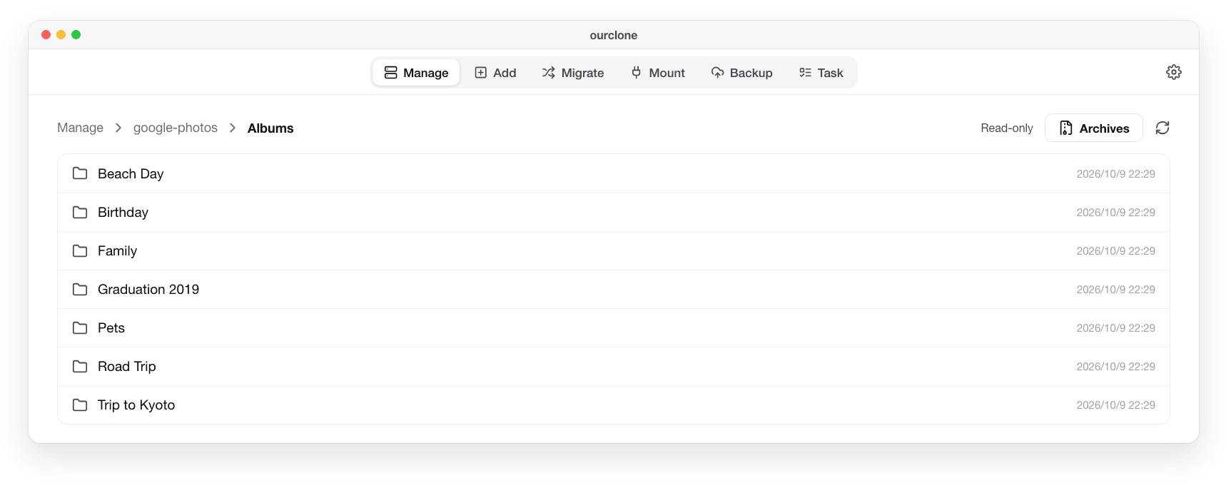 Browsing the Google Takeout export in OurClone Manage: the Albums folder lists each Google album, read-only, with the Archives button