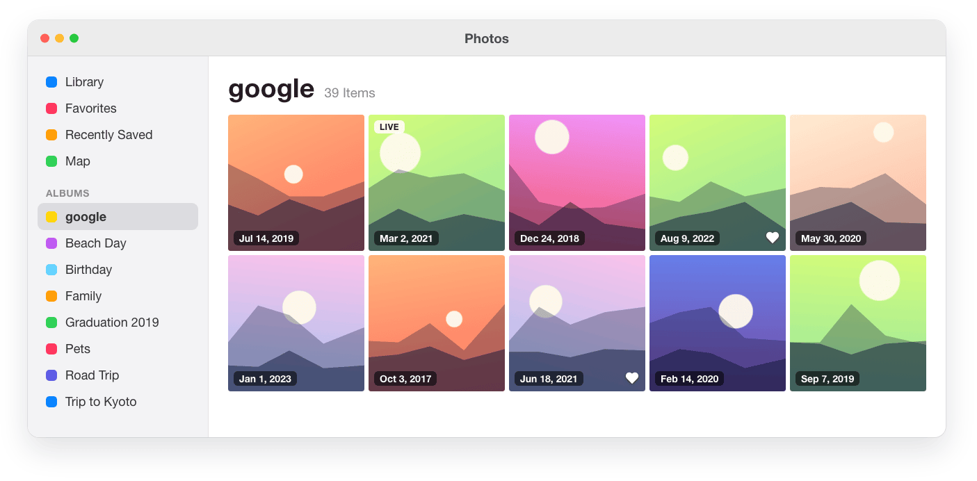 The Photos app showing the imported album with capture dates, a Live Photo and favorites, and the recreated Google albums in the sidebar