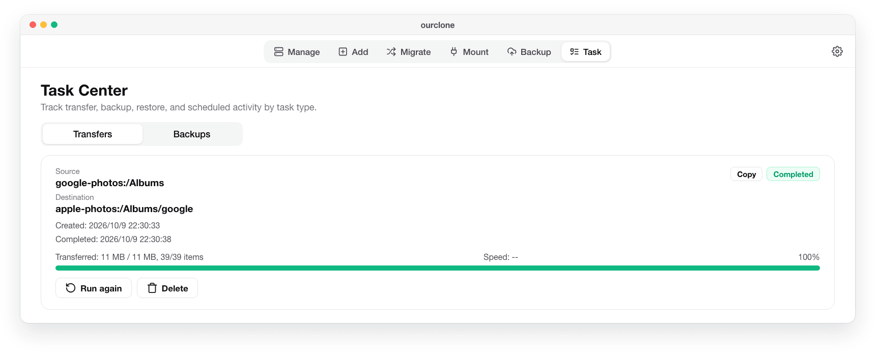 The OurClone Task panel showing the Google Takeout import to Photos completed, 39 of 39 items