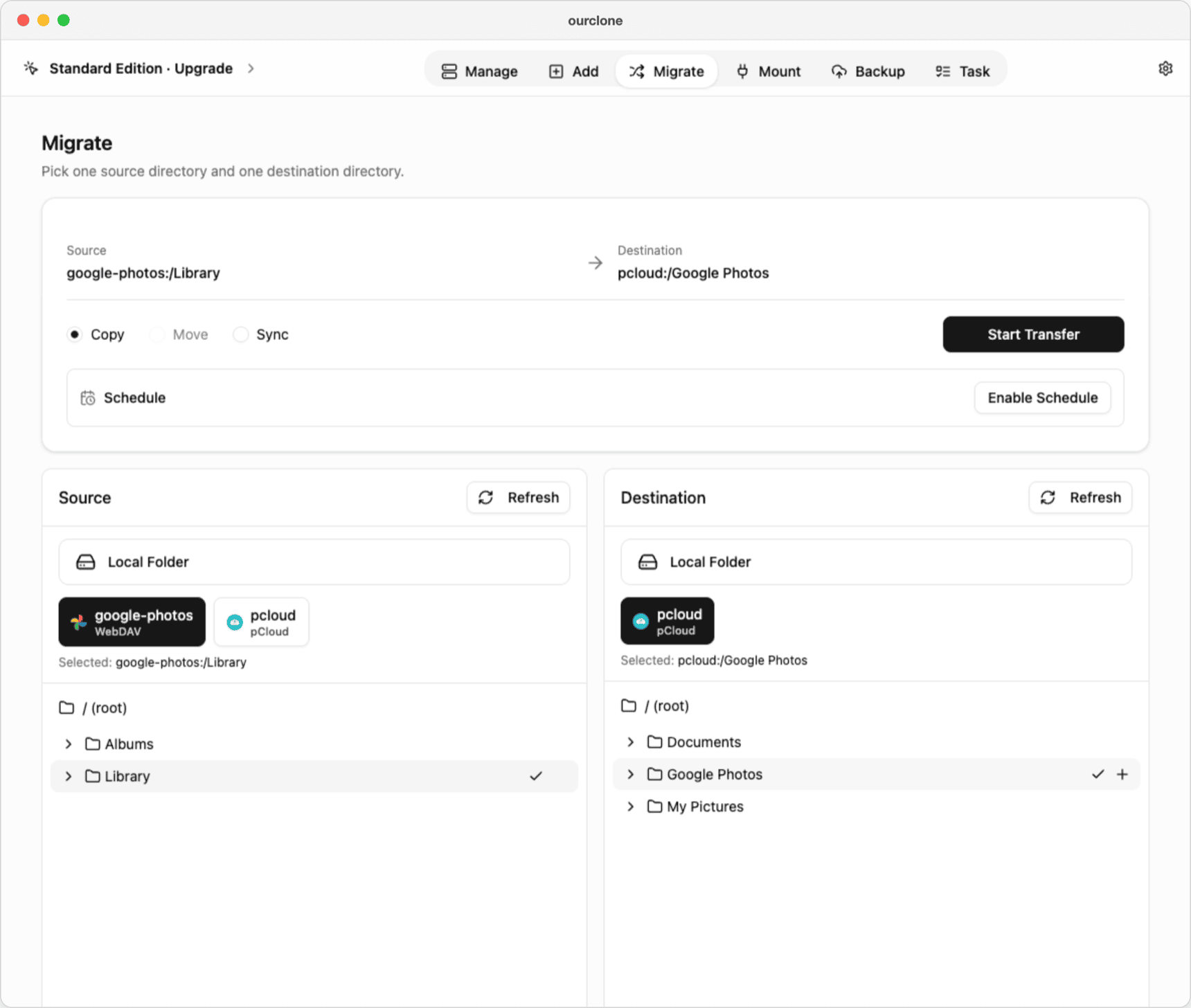 OurClone Migrate page copying google-photos:/Library to pcloud:/Google Photos with Copy selected