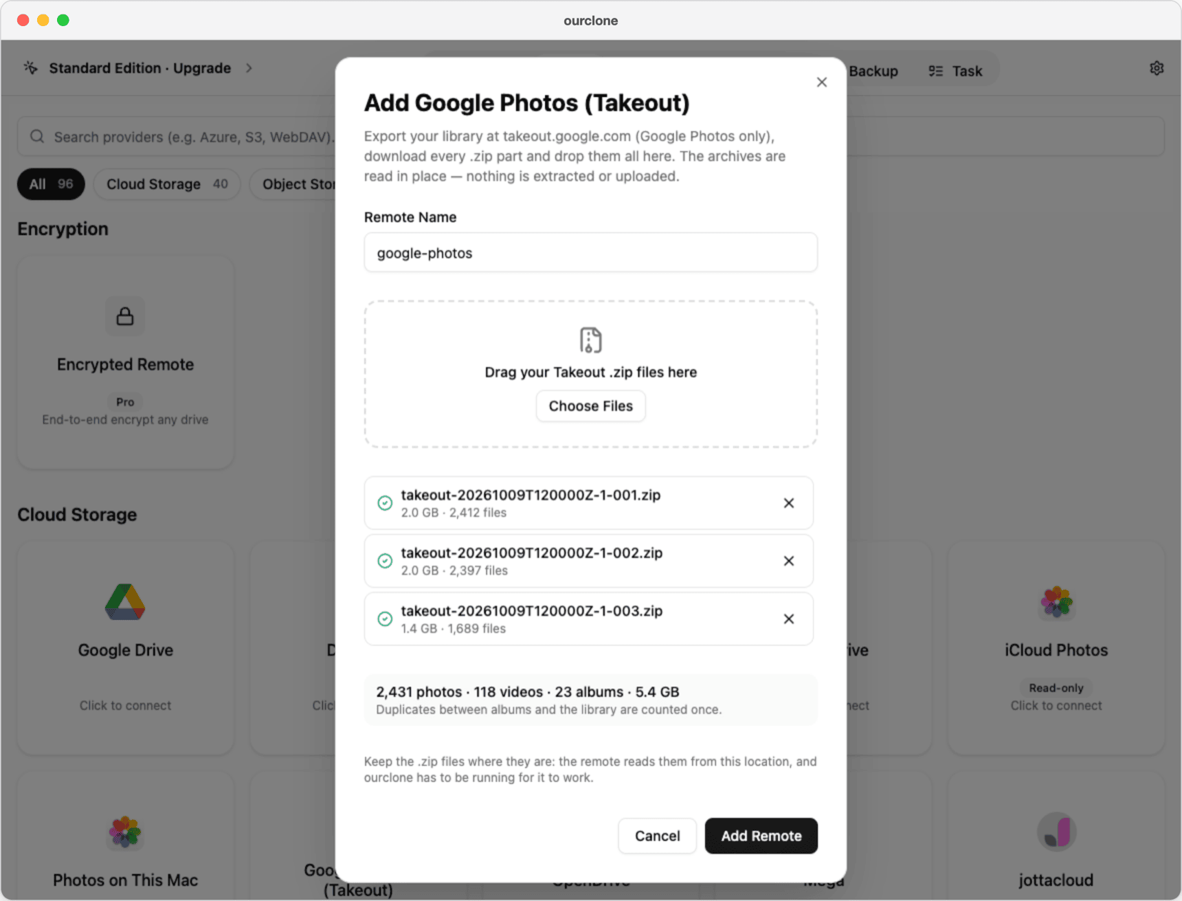 The Add Google Photos (Takeout) dialog in OurClone with three .zip parts checked and the photo, video and album totals