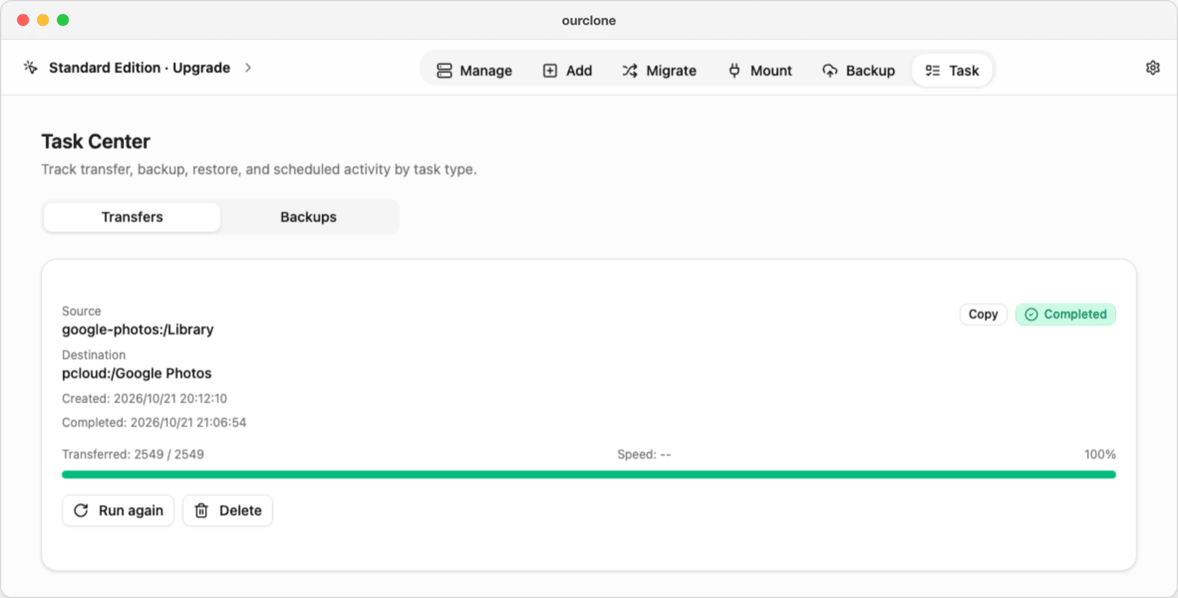 The OurClone Task Center showing the copy from google-photos:/Library to pcloud:/Google Photos completed, 2,549 of 2,549 items