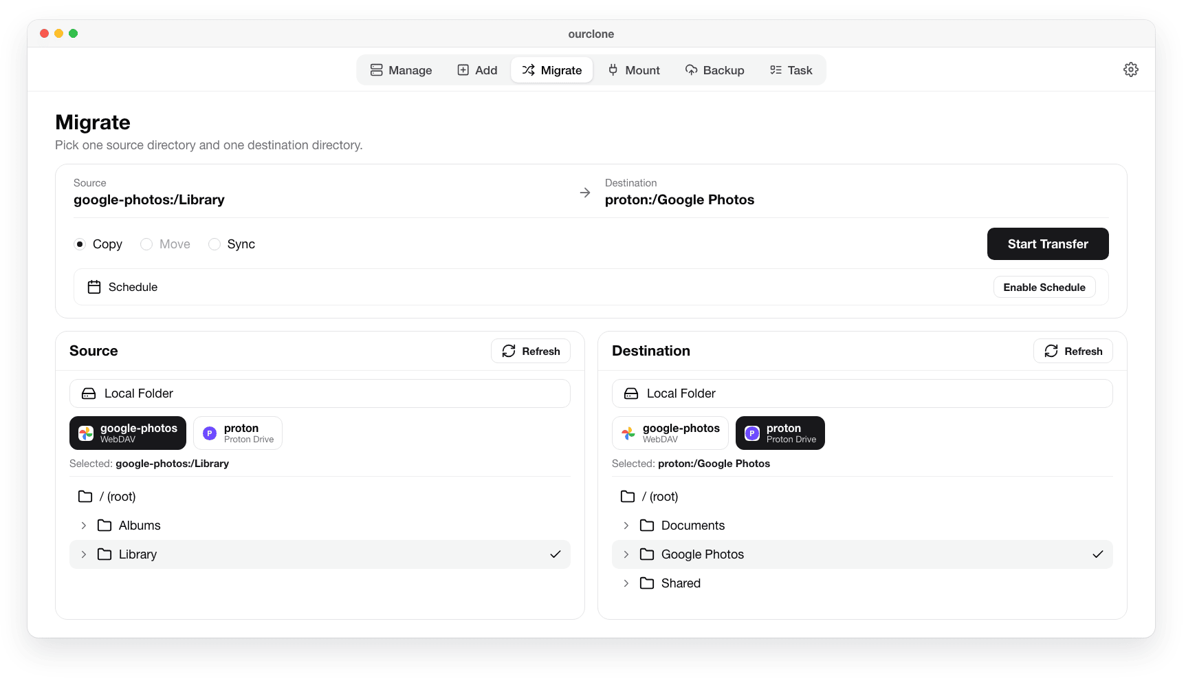OurClone Migrate page copying google-photos:/Library to proton:/Google Photos with Copy selected