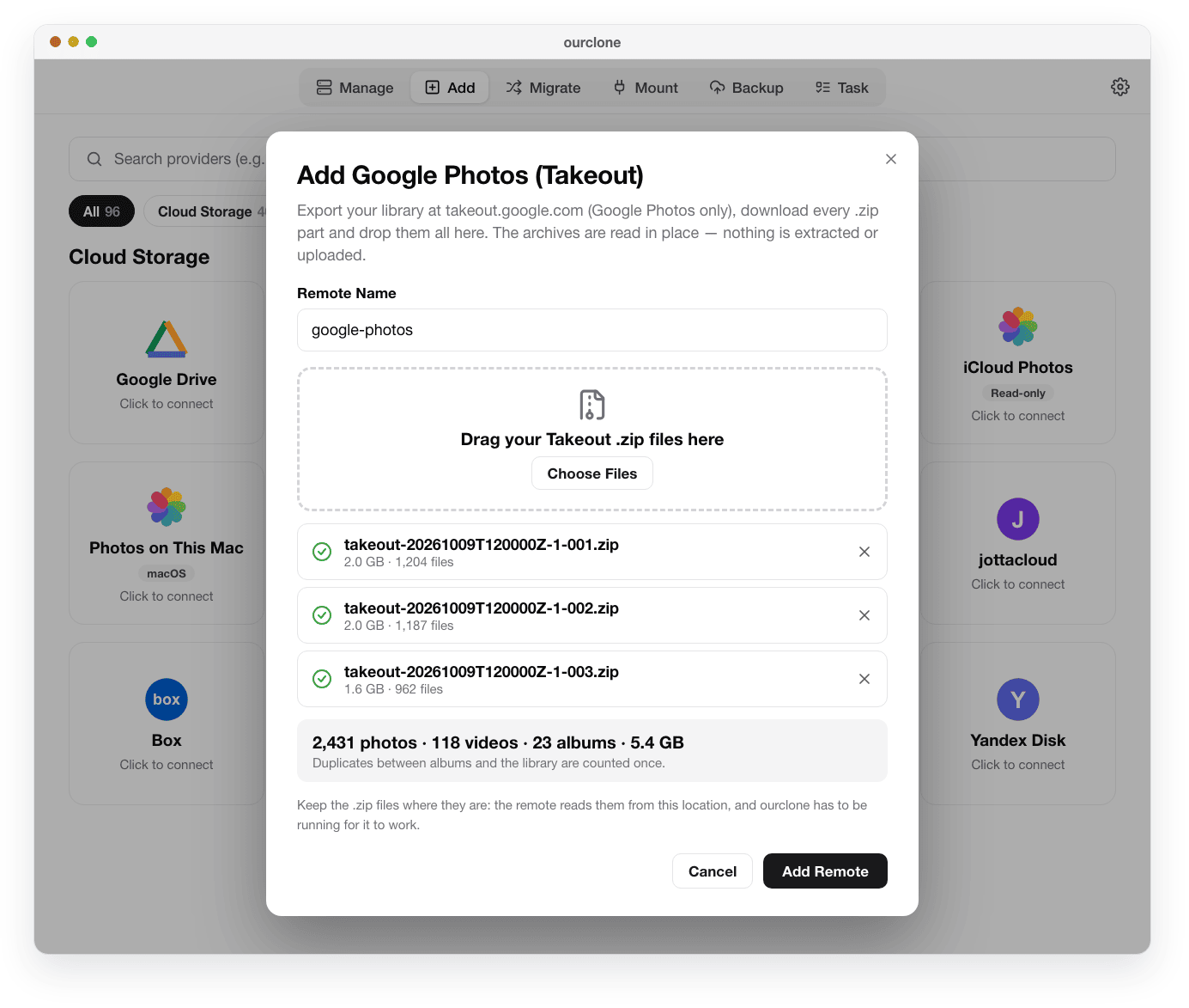 The Add Google Photos (Takeout) dialog in OurClone with three .zip parts checked and a total of 2,431 photos, 118 videos and 23 albums