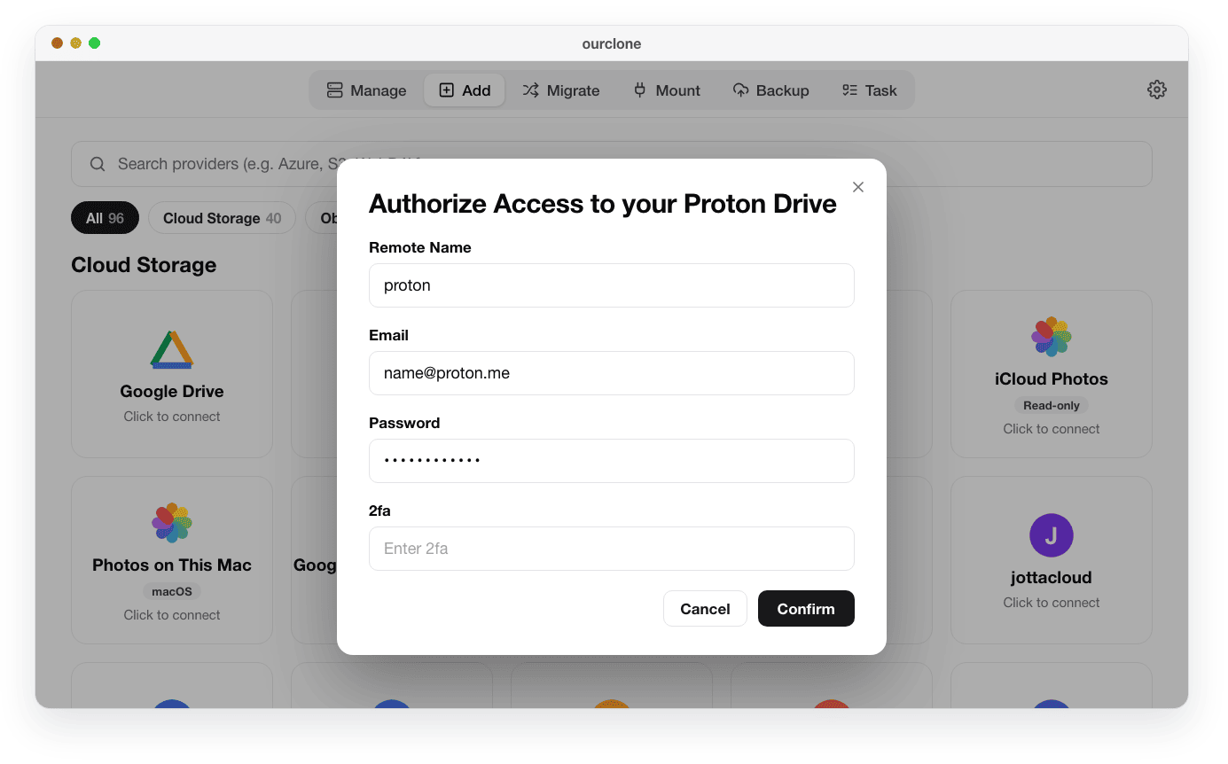 The Authorize Access to your Proton Drive dialog in OurClone with Remote Name, Email, Password and an optional 2fa field