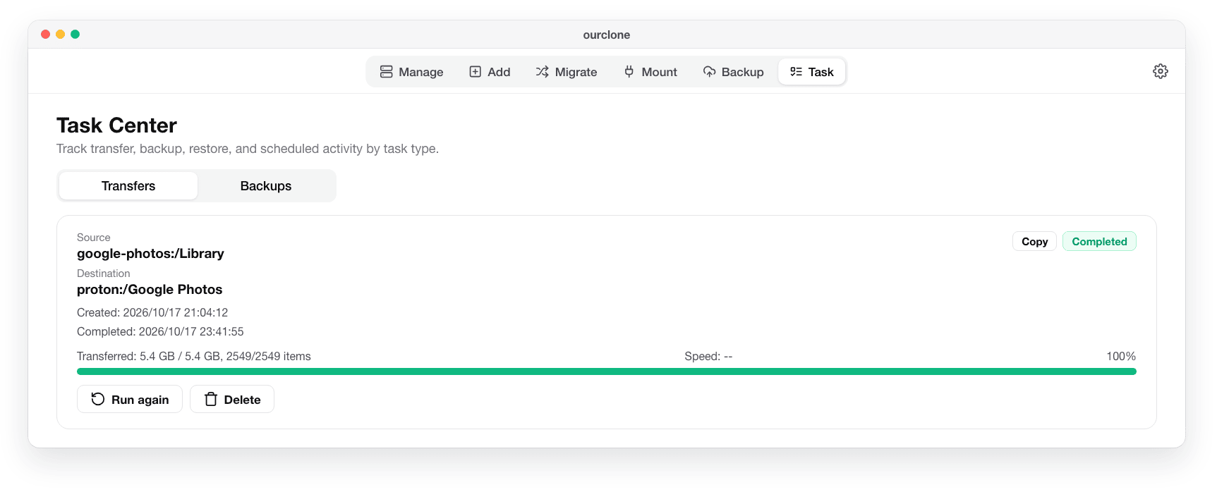 The OurClone Task Center showing the copy from google-photos:/Library to proton:/Google Photos completed, 2,549 of 2,549 items
