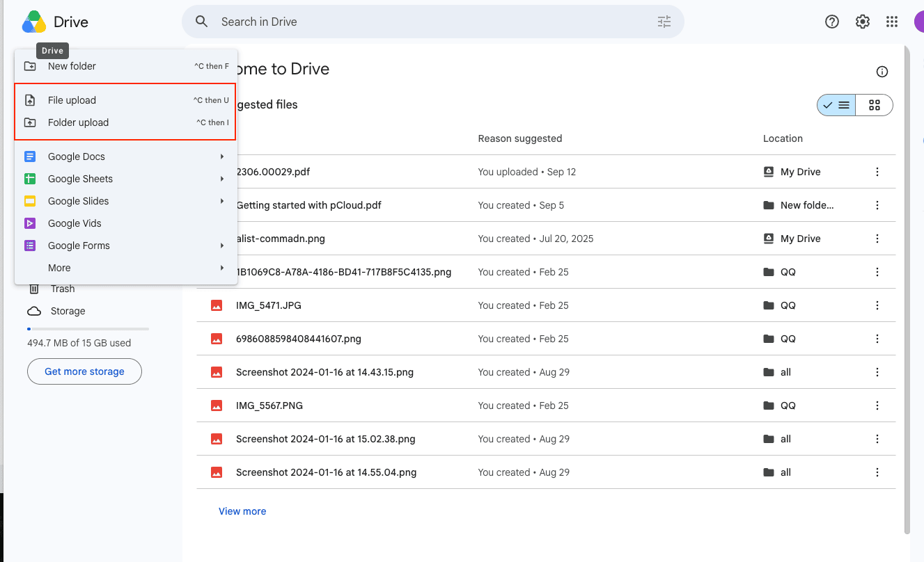 The New menu in Google Drive with the File upload and Folder upload options highlighted