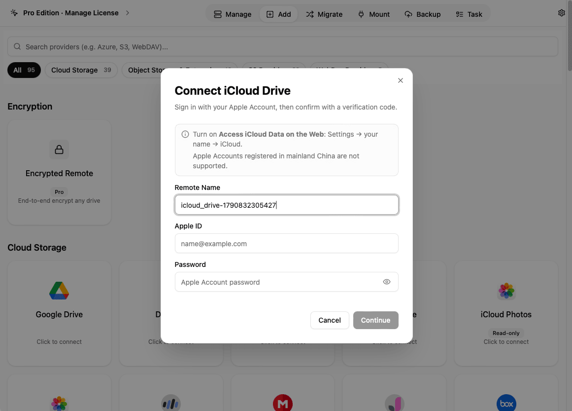 The Connect iCloud Drive dialog in OurClone asking for an Apple ID and password