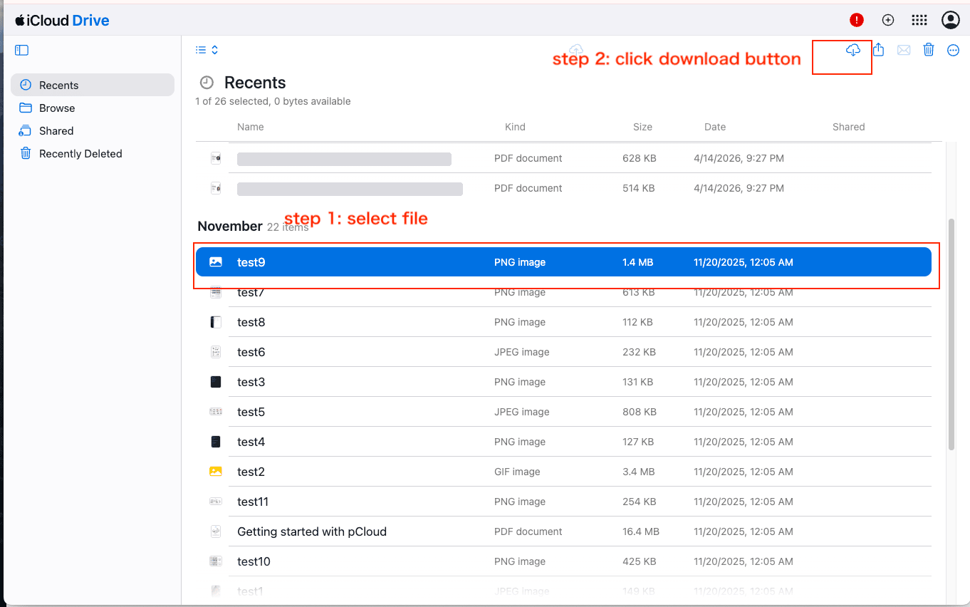 Selecting a file in iCloud Drive on iCloud.com and clicking the download button