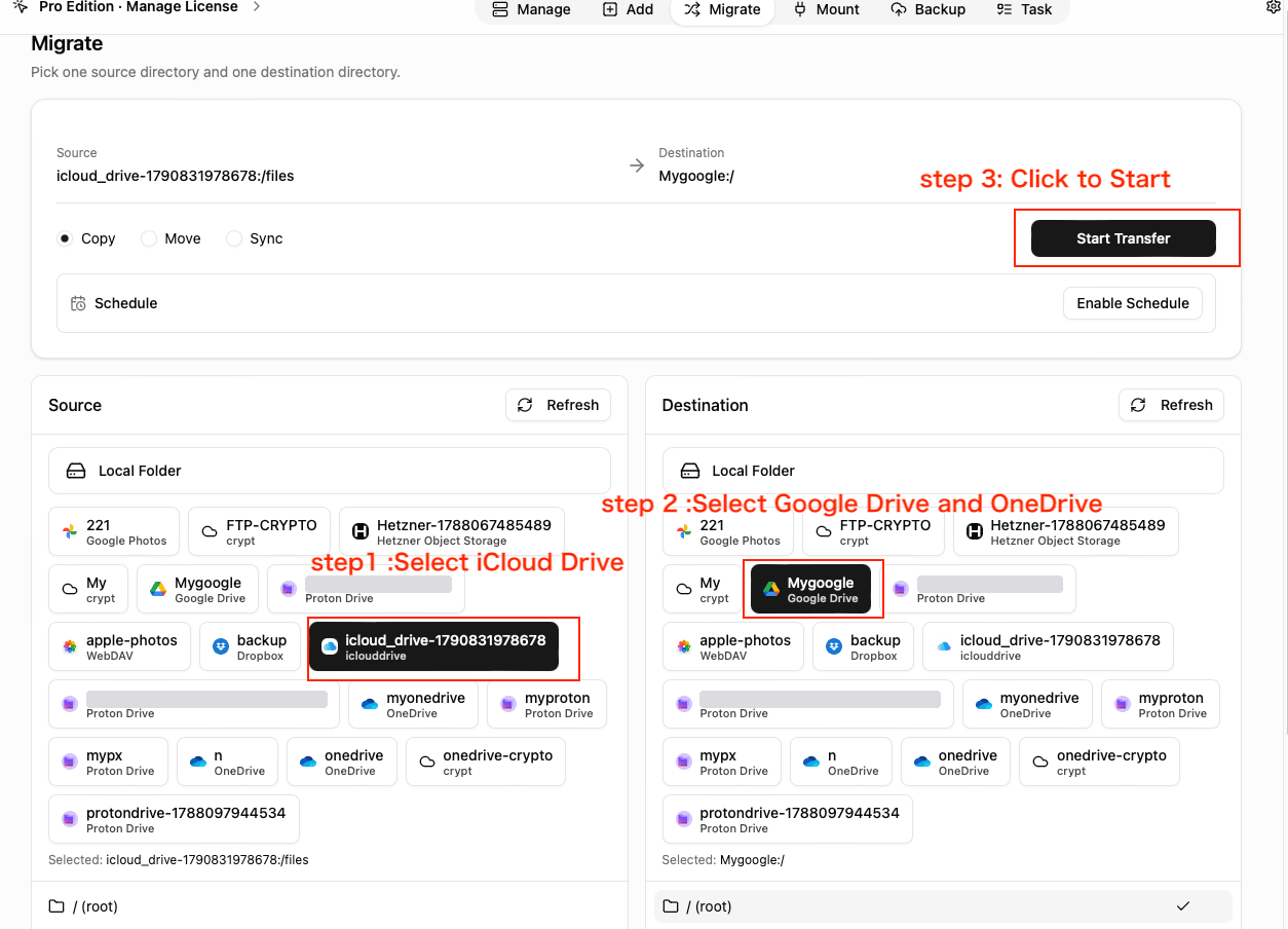 OurClone Migrate page with iCloud Drive selected as the source, Google Drive as the destination, Copy mode chosen, and the Start Transfer button