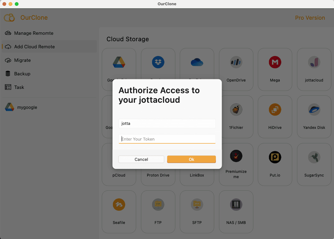 Generate and add Jottacloud token in OurClone