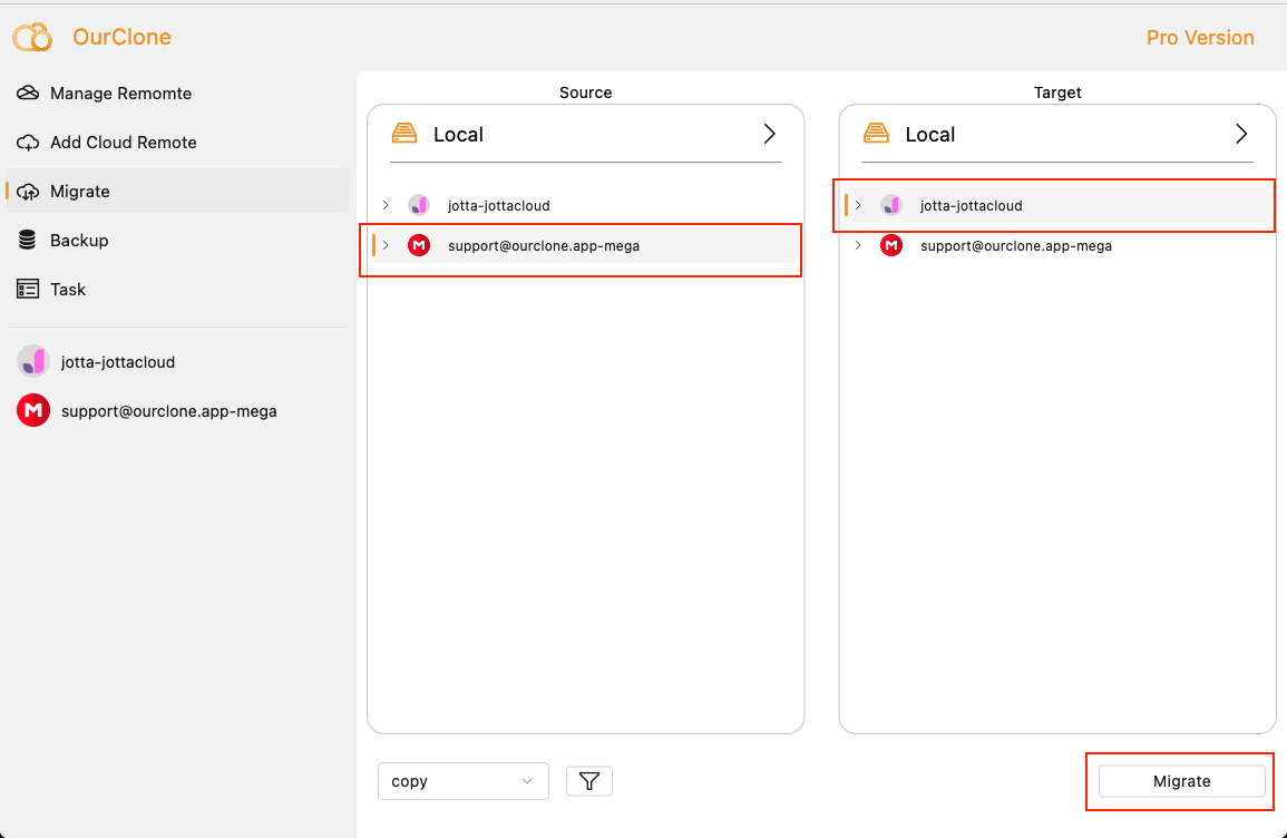 Sync from Mega to Jottacloud using OurClone