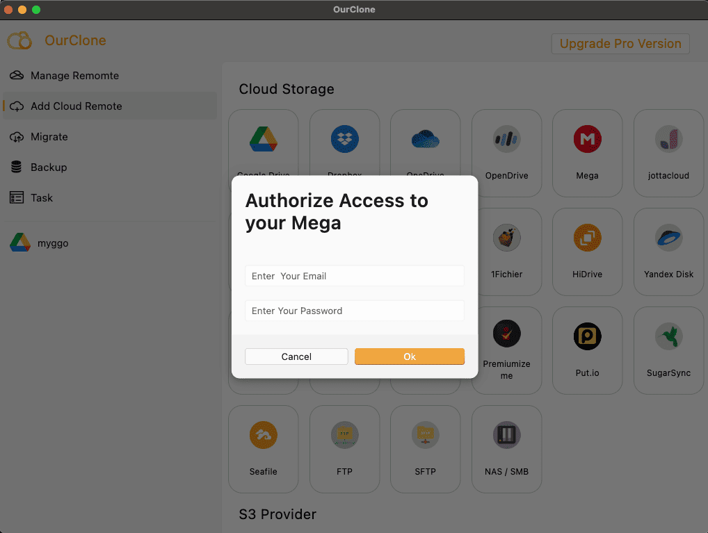 Authorize Mega in OurClone