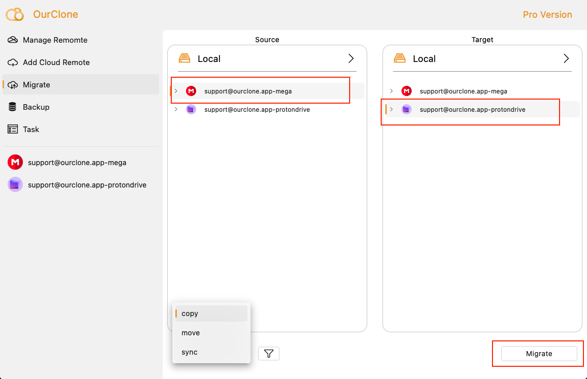 Transfer files from Mega to Proton Drive with OurClone